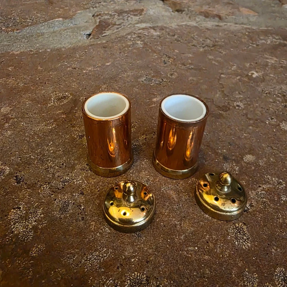 Vintage Made in Italy Copper and Brass Salt and Pepper Shakers Set Mini MCM